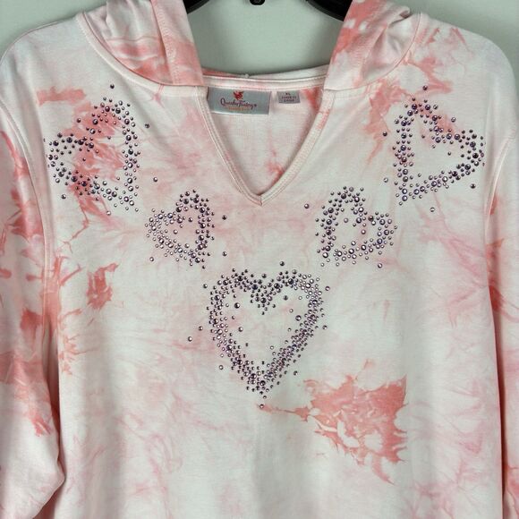 Quaker Factory Pink Rhinestones Hoodie Sweater Pullover Womans XL Sweatshirt - Picture 3 of 7